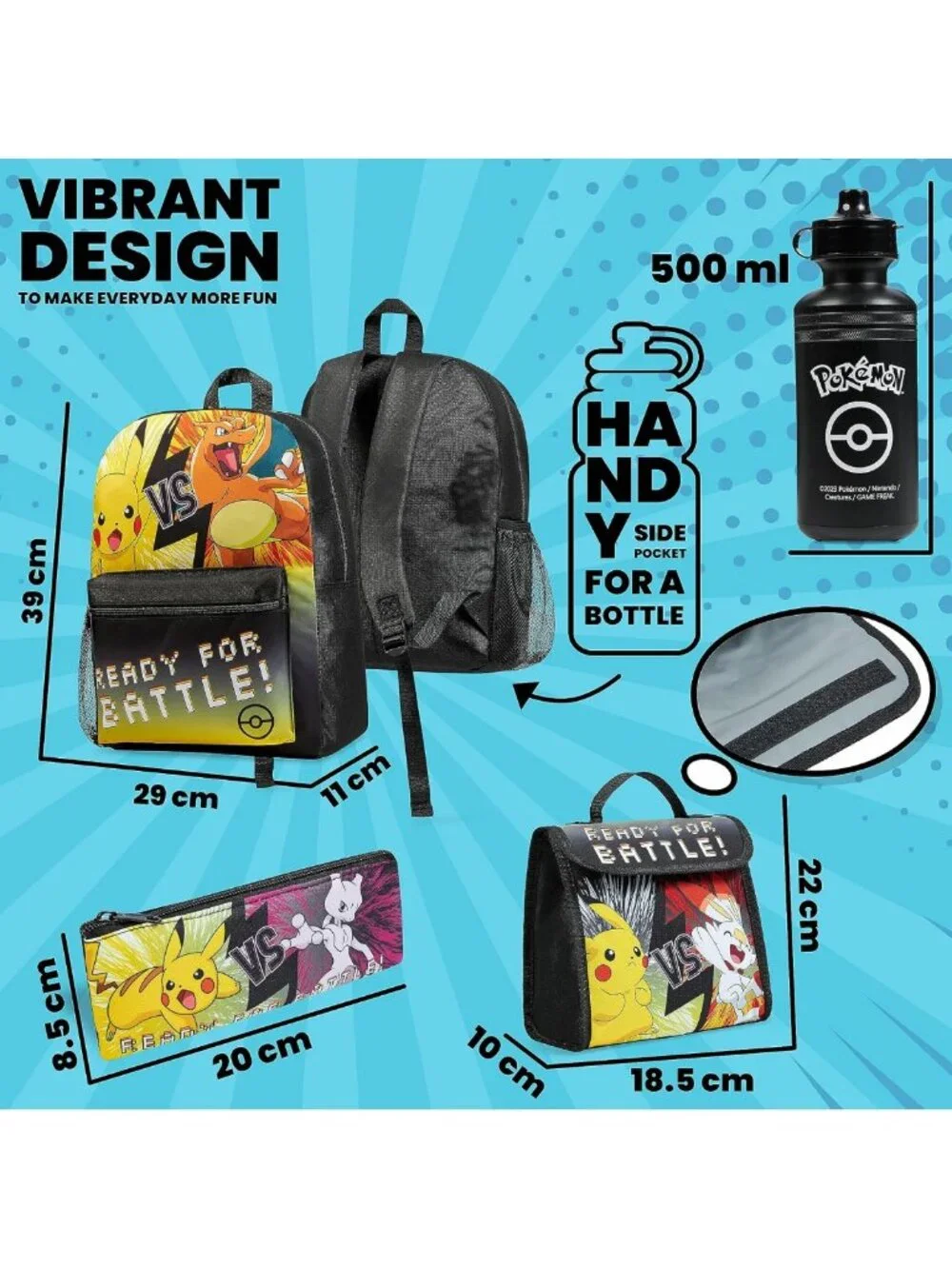 Kids Anime Backpack Set - 4 Pcs with Water Bottle, Pencil Case & Lunch Bag